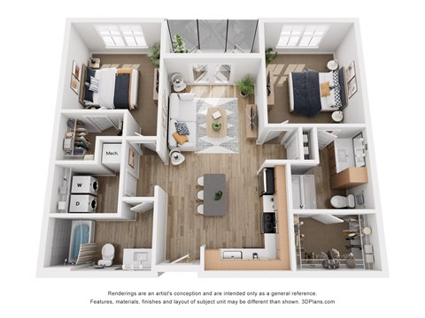 Floor plan for 2 beds, 2 baths, 1019 sqft